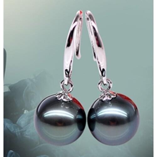 Hot sell new - 10mm Genuine Black South Sea Shell Pearl Sterling Silver Dangle Earrings AAA