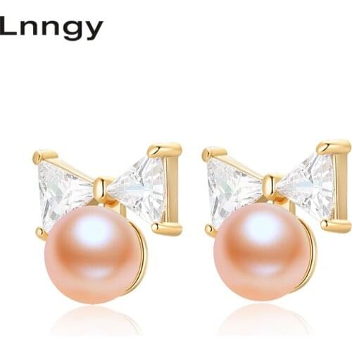Lnngy 14K Gold Filled Earrings 6.5-7mm Natural Cultured Freshwater Pearl Bowknot Earrings Women Anniversary Party Fine Jewelry