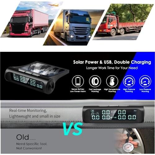 Universal For Truck Car Tire Pressure Monitoring System TPMS USB Solar Charge External Sensor Tyre Temperature Alarm Monitor