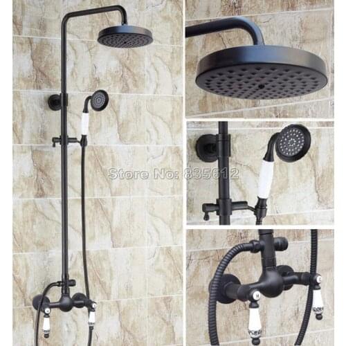 Bathroom Black Oil Rubbed Bronze Rainfall Shower Set Faucet + Ceramic Handles Mixer Taps + Handheld Shower Wall Mounted Wrs515