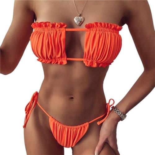 Sexy Womens Two Piece Split Bikini Lace-Up Bra and Thong Bikinis Sets Mini Bikini Ruffle Ladies Beachwear Swimwear Biquini