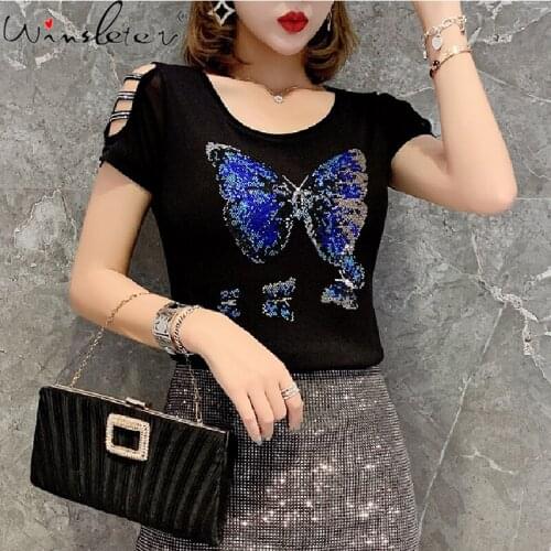 Summer Korean Clothes Mesh T-Shirt Fashion Solid Shiny Diamonds Butterfly Women Tops Short Sleeve Casual Sexy Tees 2021 T13913A
