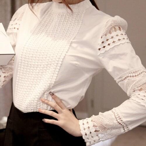 Plus Size Casual ladies long sleeve Womens Tops and Blouses S-5XL Hook Flower Hollow 2021Lace Chiffon Blouse Women Shirt