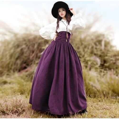BOSHOW Spring Original Design Women Vintage Elegant Europe Royal Elastic High Waist Maxi Skirt Lace-Up Flock Suede Long Skirt