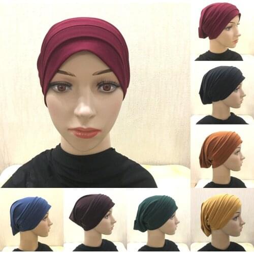 Women Stretchy Turban Hat Cross Head Wrap Cotton Hijab Cap Solid Soft Headscarf New Arrival Fashion Muslim Scarf High Quality
