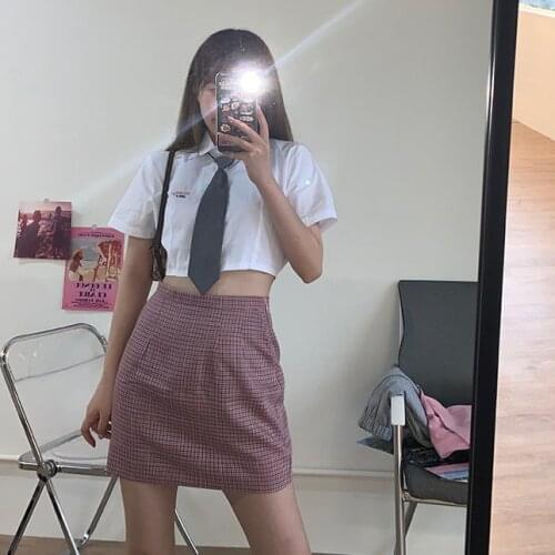 Womens Suit 2021 New College Short Lapel Embroidered Shirt + High Waist Plaid Skirt Two-piece Suit