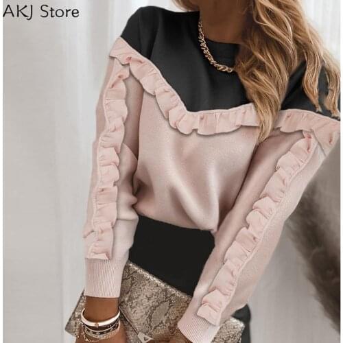 Women Colorblock Frill Hem Casual Sweater Lady Pullover Spring Autumn Fashion Casual Sweaters