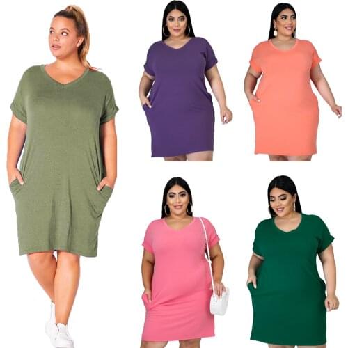 Womens Solid Color Dress V-neck Plus Size Fat People Short Sleeve Long Skirt Plus Size Clothing with Pocket Household Apparel