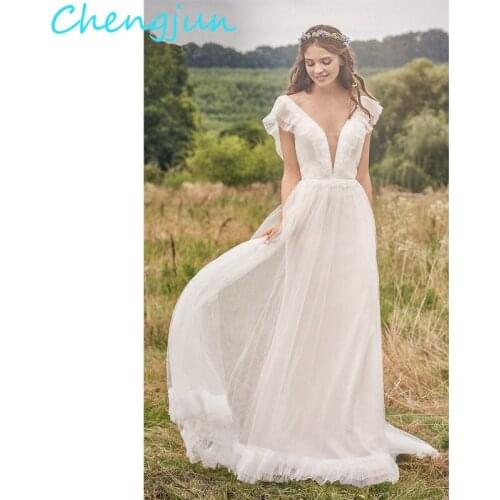 Chengjun New Arrival Deep V Neck Tulle Ruffle Ivory Beach Simple Wedding Dress Backless Sweep Train Court Cheap Bridal Dress