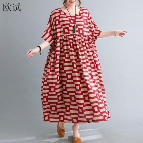 Plus Size Red Plaid Vintage Summer Dress Women Oversized Ladies Dresses Long Cotton Casual Korean Dress Vestidos 4XL 5XL 6XL