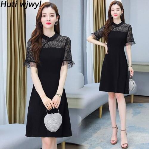 2021 Vintage Black Hepburn Style Midi Dress Spring Summer New Plus Size Sexy Lace Club Dress Elegant Women Bodycon Party Vestido