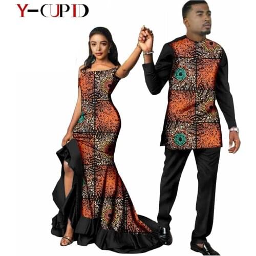 African Clothes for Couples Women Ruffles Long Dresses Matching Men Outfit Top and Pants Sets Party Wedding Vestidos S20C009