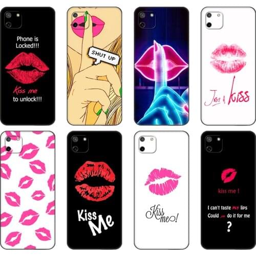 Black tpu Case For OPPO Realme C11 C20 C21 Case Back Cover Bumper Kiss me Lips Lipstick Rouge