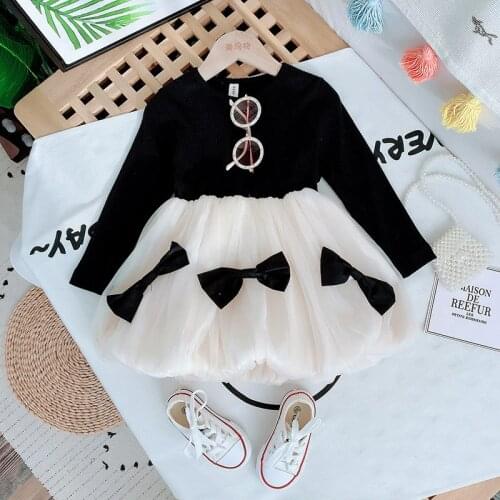 Baby Girl Costume Bowknot Children Girls Mesh Cotton Dress with Long Puff Sleeve knitting Princess Dresses spring girls dress