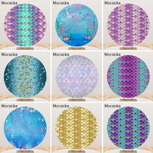 Mocsicka Mermaid Birthday Backdrop Glitter Mermaid Scales Princess Party Decor Round Elastic Circle Cover Photoshoot Photocall