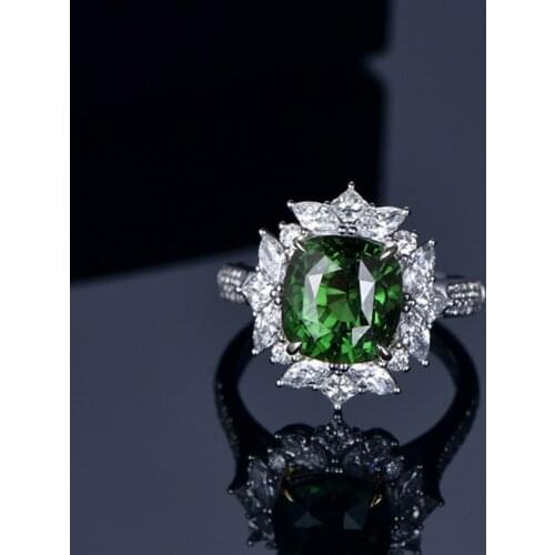 FYSL Silver Plated Square Cabochon Green Tourmaline Resizable Finger Ring for Women with Rhinestone Jewelry