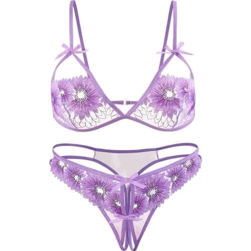 Sexy Full Lace Embroidery Floral Thin Double Shoulder Strap Underwear Set Deep V-neck Womens Push Up Bra Open Crotch Panties