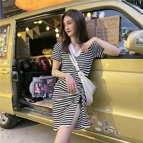Striped Short Dresses V-neck Summer Casual Style Fashion Korean Clothes Woman Dress Bandage Slim Female Hipster New 2021