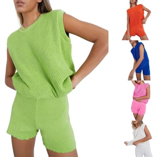 2Pcs Womens Suit Solid Color Summer Polyester Outfits Adults Loose Round Neck Knit Sleeveless Tops Shorts