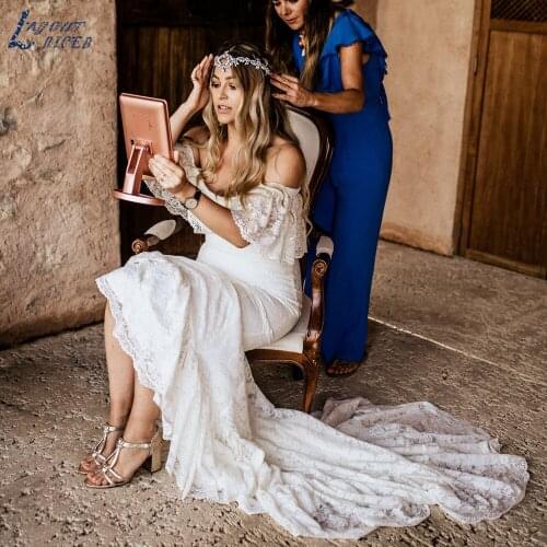 RODDRSY Boat Neck Lace Wedding Dresses Backless Sweep Train Pleats Beach Bridal Gowns Bride Dress Vestido de noiva