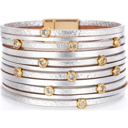 ORNAPEADIA Hot Sale Multi-layer Thin Leather Bracelet with Zircon Magnetic Buckle New Style Womens Bracelet Retro Jewelry