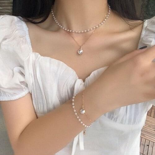 Fashion Women Necklace Choker Pearl Double Layer Necklace Pendant Statement Ladies Collares Gold Jewelry Birthday Gift Wholesale