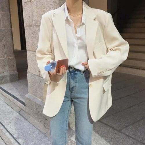 Fashion Spring Autumn Blazer Coat Women Loose Work Wear Jacket Leisure Chic Off White Suit Korean Thin