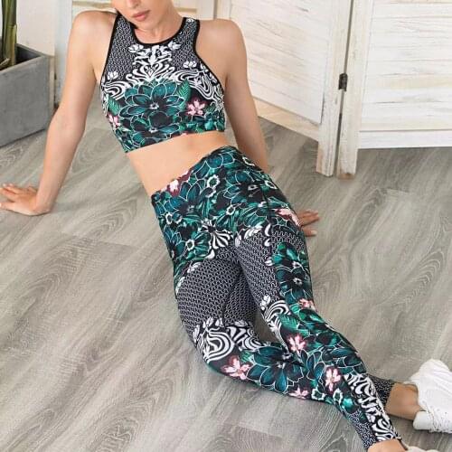 2021 New Peacock Print Yoga Suit Women Sleeveless Sportswear High Waist Leggings S-XL Girl Seamless Tracksuit Pocket Tight Pants