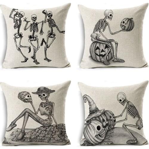 New Creative Black & White Skeleton Pumpkin Halloween Linen Cushion Covers Living Room Sofa Couch Throw Pillows Cases Home Decor