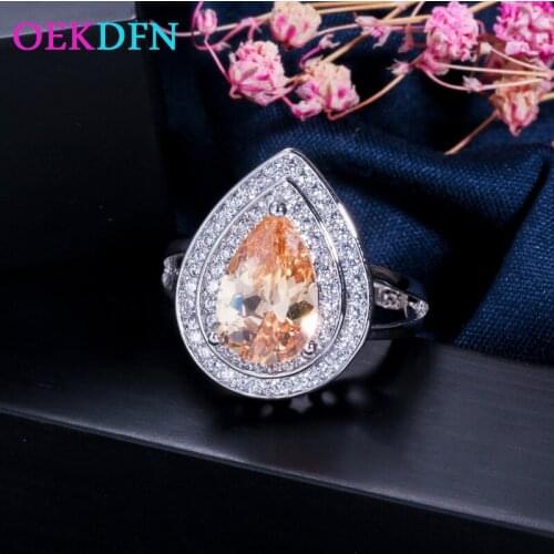 OEKDFN 100% 925 Sterling Silver Rings Pear Water Drop Morganite Gemstone Wedding Engagement Diamonds Bands Women Fine Jewelry