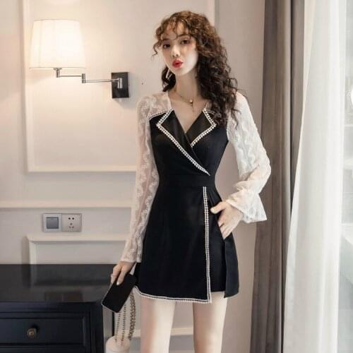Autumn Winter Casual Elegant Two Piece Set Korean Style Lace Patchwork Flare Sleeve Blouse and Shorts Ladies Fashion 2 Piece Set