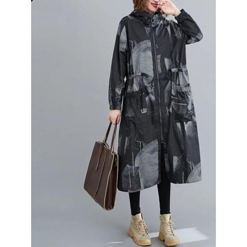Autumn Jacket Coat Women Clothing Hooded Vintage Print Lady Outerwear Loose Pocket Long Sleeve Tops Zipper Cardigan Windbreaker