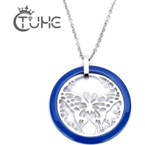 316 L Stainless Steel Silver-Color Butterfly Pendant Necklace Link Chain Blue Hollow Ceramic Necklace For Women