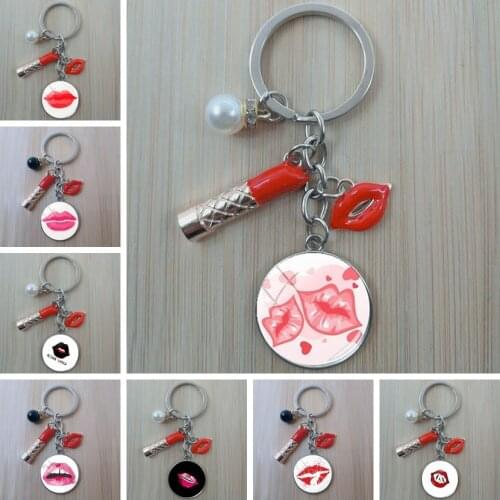 Kiss your red lips cabochon pendant metal key ring dripping lipstick red lips couple jewelry key ring gift