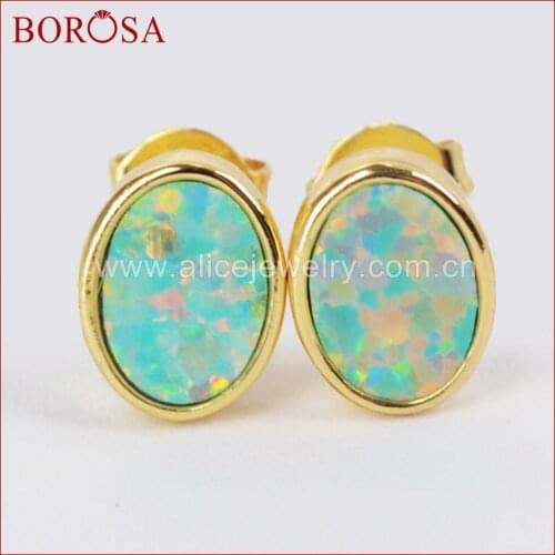 BOROSA Gold Color Bezel Oval White Opal Druzy Stud Earrings for Girls,New Collection Drusy Japanese Opal Earrings ZG0212