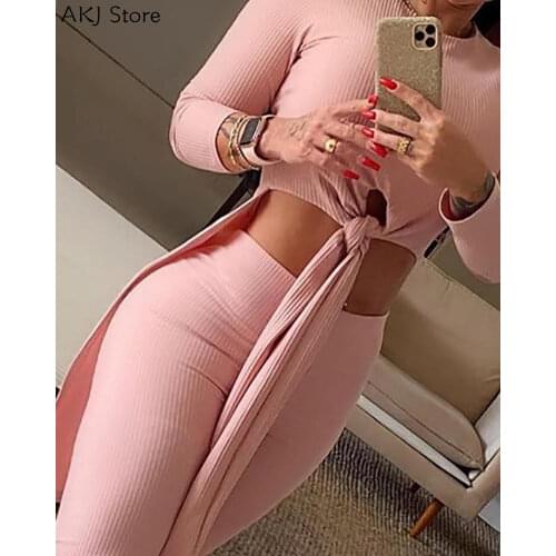 Sexy Two Piece Outfits Solid Knotted Top & High Waist Pants Set Plus Size XXL