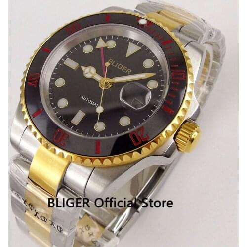 Solid BLIGER 40MM Black Dial Black Ceramic Rotating Bezel Golden Plated GMT Function Sapphire Automatic Movement Mens Watch B26