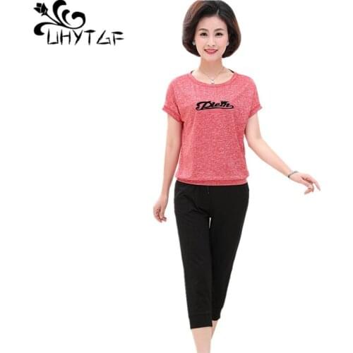 UHYTGF Wholesale summer two piece set women elegant mother thin sportswear short suit female loose 5XL plus size 2 piece set1046