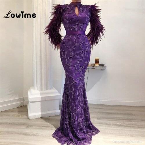 Feather Evening Dresses Purple Arabic Mermaid African Party Gown Long Prom Dresses Abendkleider 2018 Turkish Muslim Formal Dress