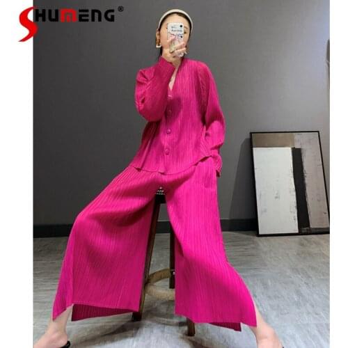 High Street Pleated Set 2021 Spring New Korean Fashion Plus Size Leisure Set Solid Color Tee Shirt Wide Leg Pants Two-Piece Suit