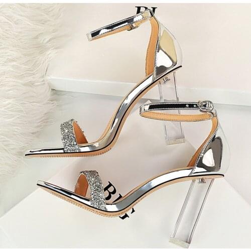2021 Summer Fashion Women 9.5cm Clear High Heels Crystal Sandals Open Toe Silver Block Thick Heels Sandals Large Size Prom Shoes