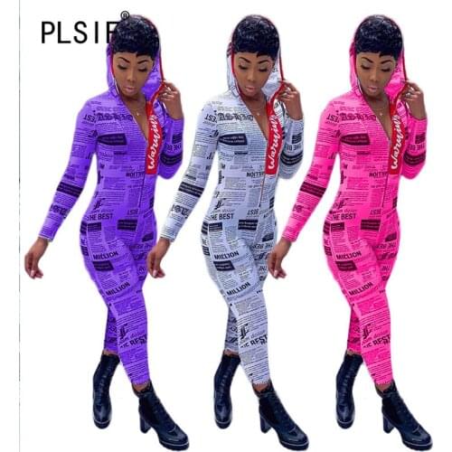 High Fashion Hoodies Rompers Women Jumpsuit Full Sleeve Newspaper Print Overalls For Women Body Mujer