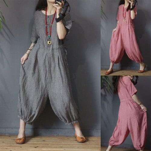 Summer New Arts Style Big Size Women Jumpsuit Cotton Linen Plaid Casual Jumpsuits Pants Femme Vintage Loose Jumpsuit M599