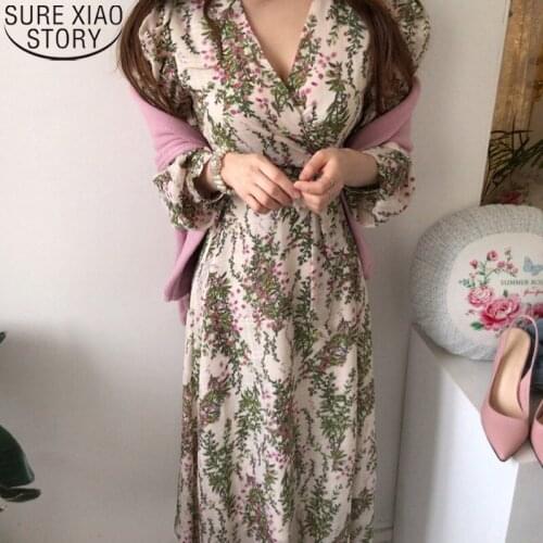 Plus Size Casual Print 2021 New V-neck Floral Elegance Lace-Up Korean Chic Sexy Gentle Sweet Office Lady Midi Long Dress 14518