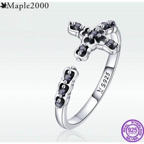 2020 New Rings 925 Sterling Silver Open Ring for women Cross Inlaid Black High Color Open Ring Adjustable cross Silver jewelry