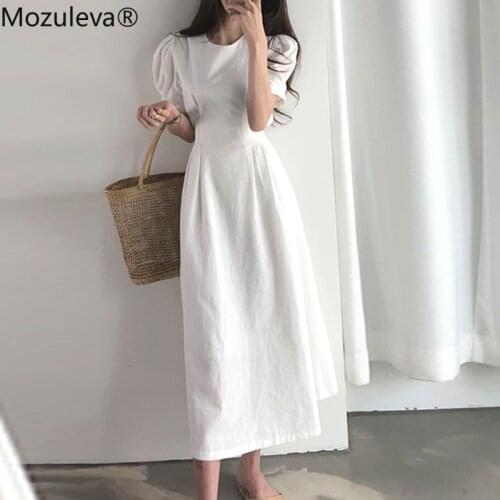 Mozuleva Vintage Puff-sleeve Slim Waist Women Dress Elegant O-neck Zipper Female A-line Dress 2021 Summer Solid Party Vestidos