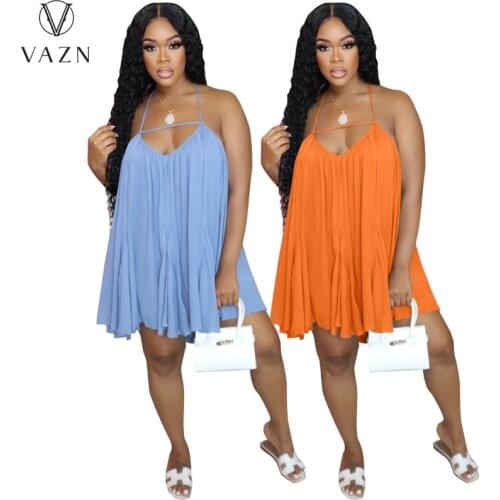 VAZN 2021 Summer Hollow Out Chiffon Halter Off Shoulder Backless Sweet Sexy Young Fashion Women Nature Loose Mini Dress