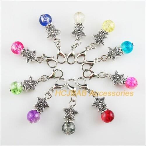 10 New Starfish 11x22mm Charms Mixed Shivering Glass Tibetan Silver Plated Retro With Lobster Claw Clasps