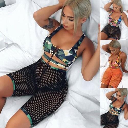 3PCS Swimsuit Women Print Bandage Bikini Set Sexy Hollow Out Fishnet Shorts Bathing Suit Push-up Swimwear Beach Wear Femme