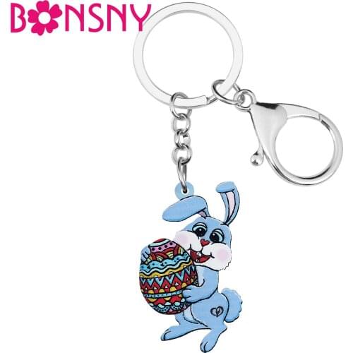 BONSNY Acrylic Sweet Blue Easter Eggs Blue Rabbit Bunny Keychains Ring Fashion Key Chain Jewelry For Women Girls Teens Gifts